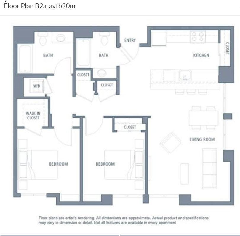 Floor plan for 2 beds, 2 baths, 1054 sqft